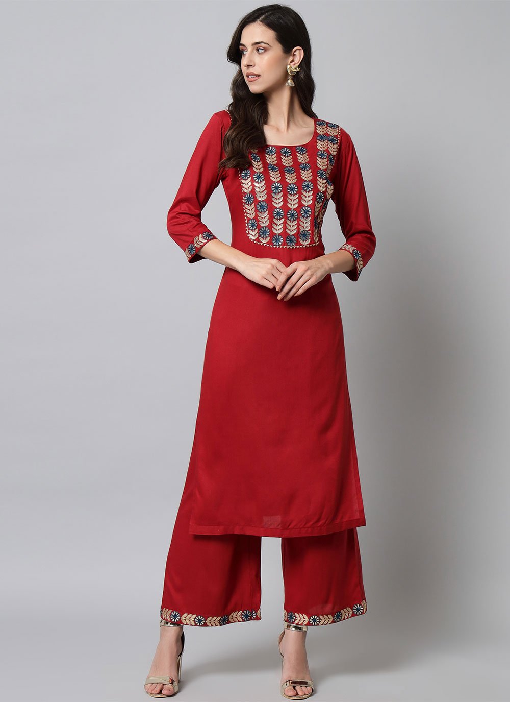 Designer Kurti Rayon Viscose Red Embroidered Kurtis