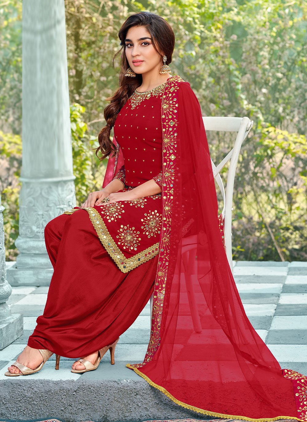 Salwar Suit Faux Georgette Red Embroidered Salwar Kameez