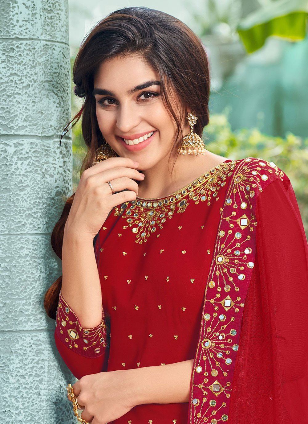 Salwar Suit Faux Georgette Red Embroidered Salwar Kameez