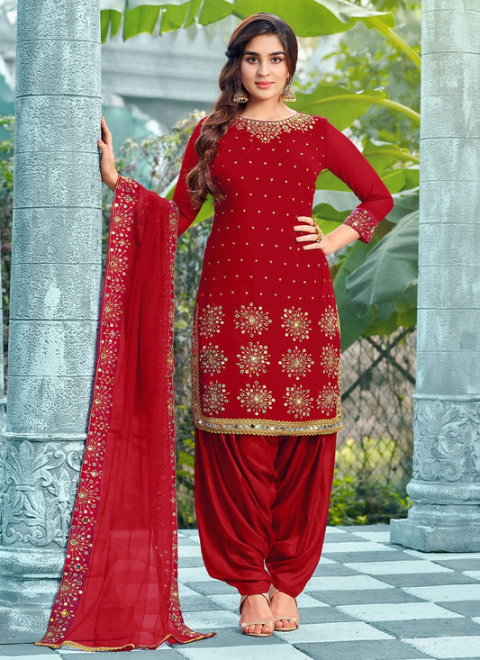 Salwar Suit Faux Georgette Red Embroidered Salwar Kameez