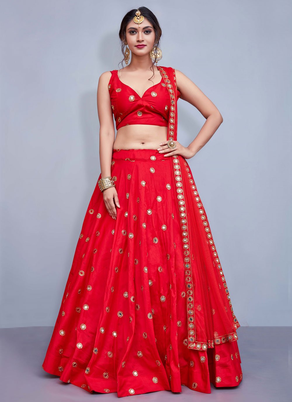 A Line Lehenga Tafeta Silk Red Embroidered Lehenga Choli