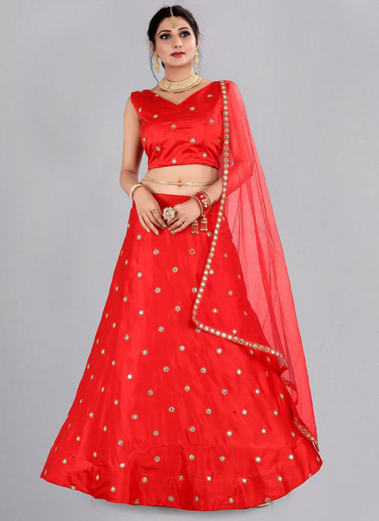 Lehenga Choli Tafeta Silk Red Mirror Lehenga Choli