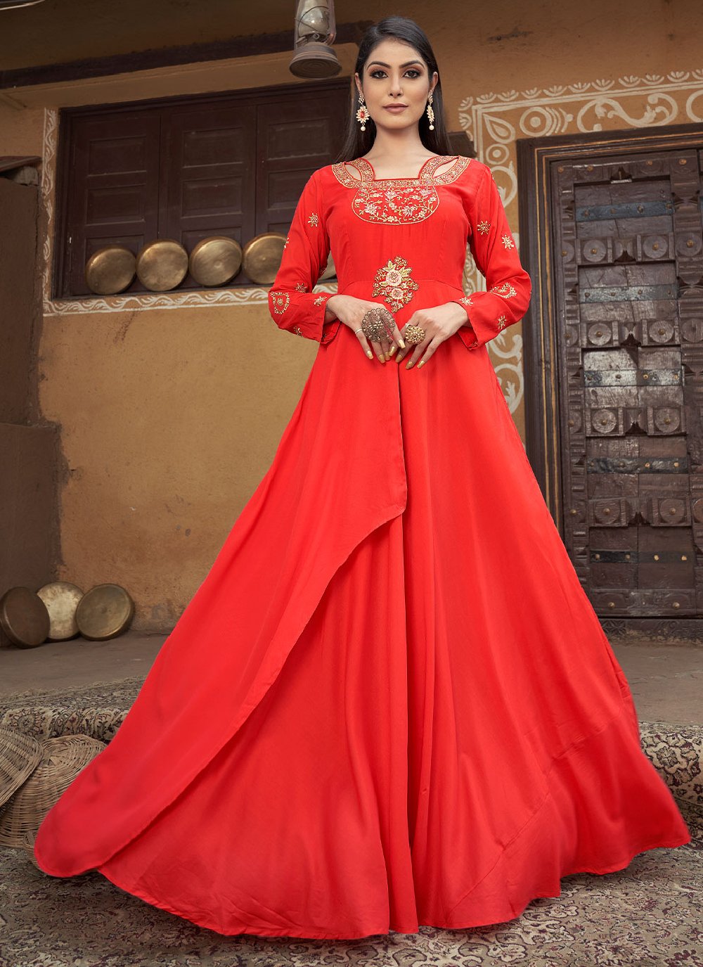 Gown Muslin Red Embroidered Gown