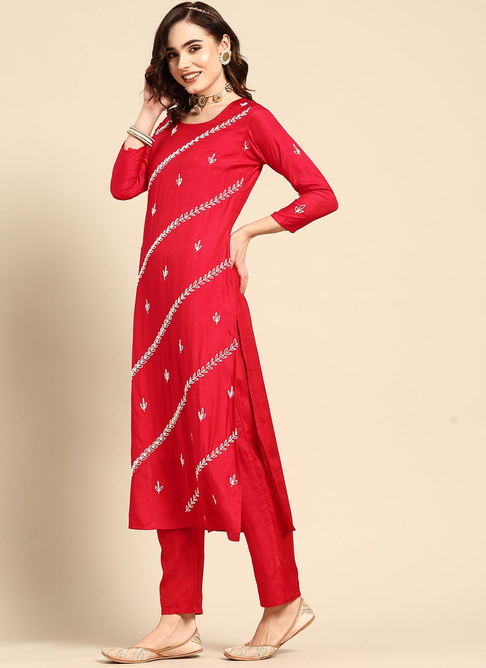 Salwar Suit Muslin Red Embroidered Salwar Kameez