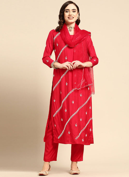 Salwar Suit Muslin Red Embroidered Salwar Kameez