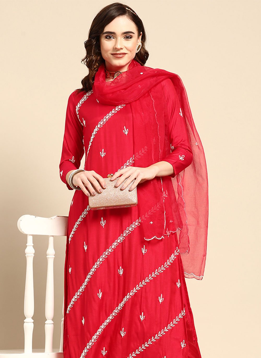 Salwar Suit Muslin Red Embroidered Salwar Kameez