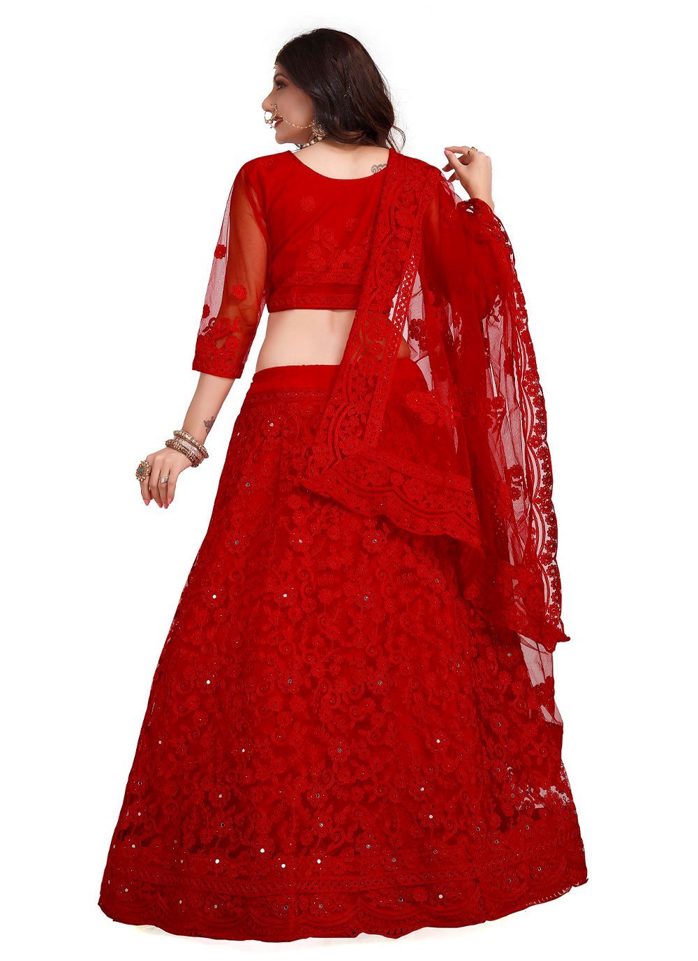 A Line Lehenga Net Red Embroidered Lehenga Choli