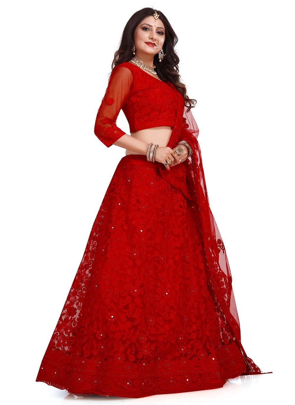 A Line Lehenga Net Red Embroidered Lehenga Choli