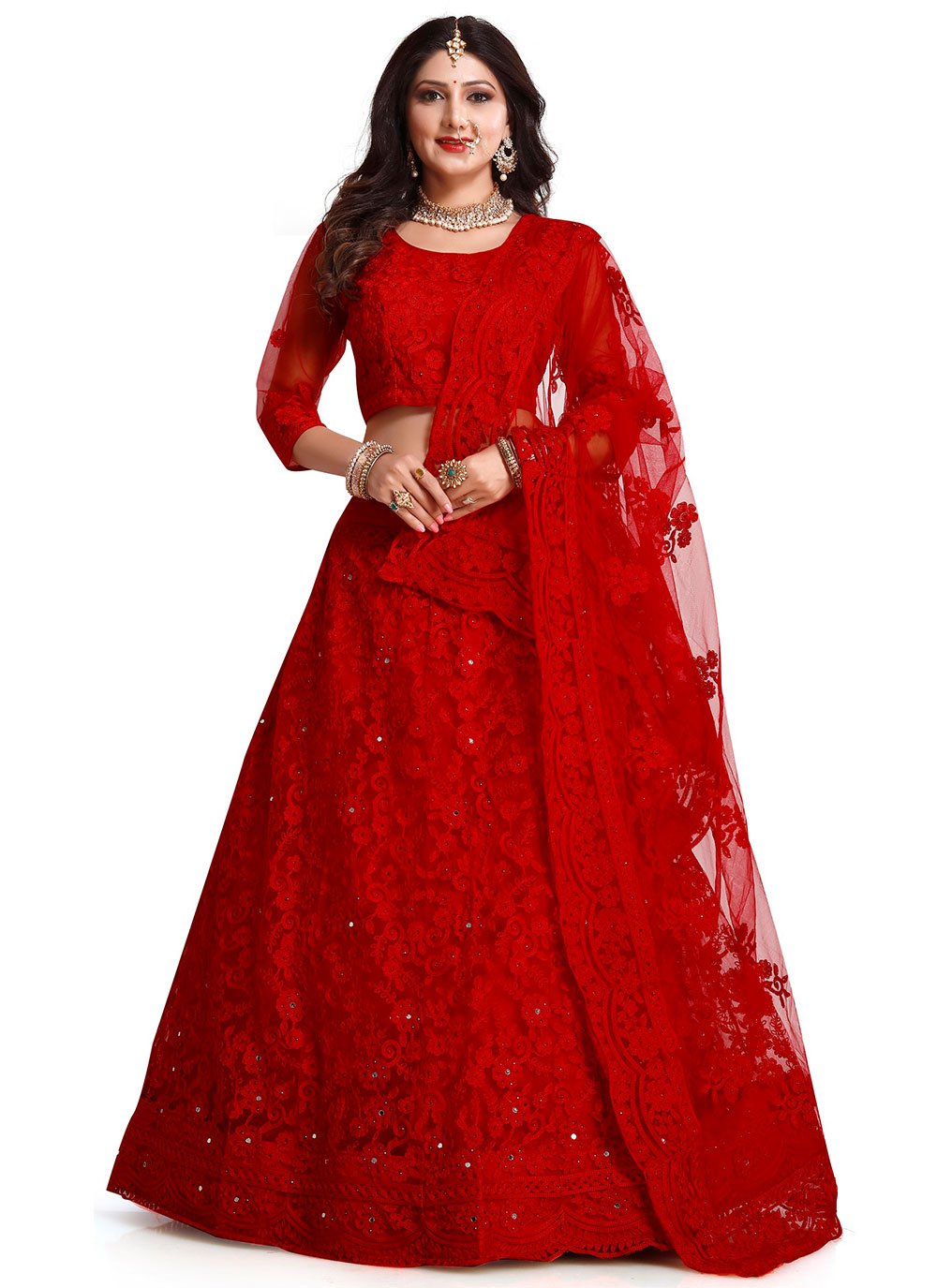 A Line Lehenga Net Red Embroidered Lehenga Choli