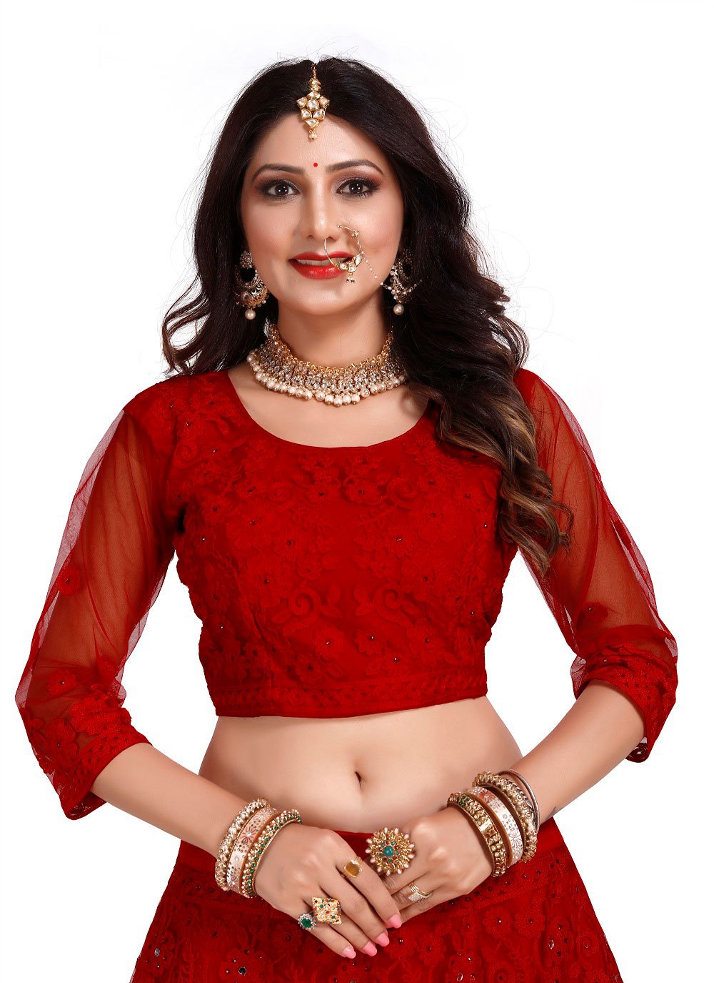 A Line Lehenga Net Red Embroidered Lehenga Choli