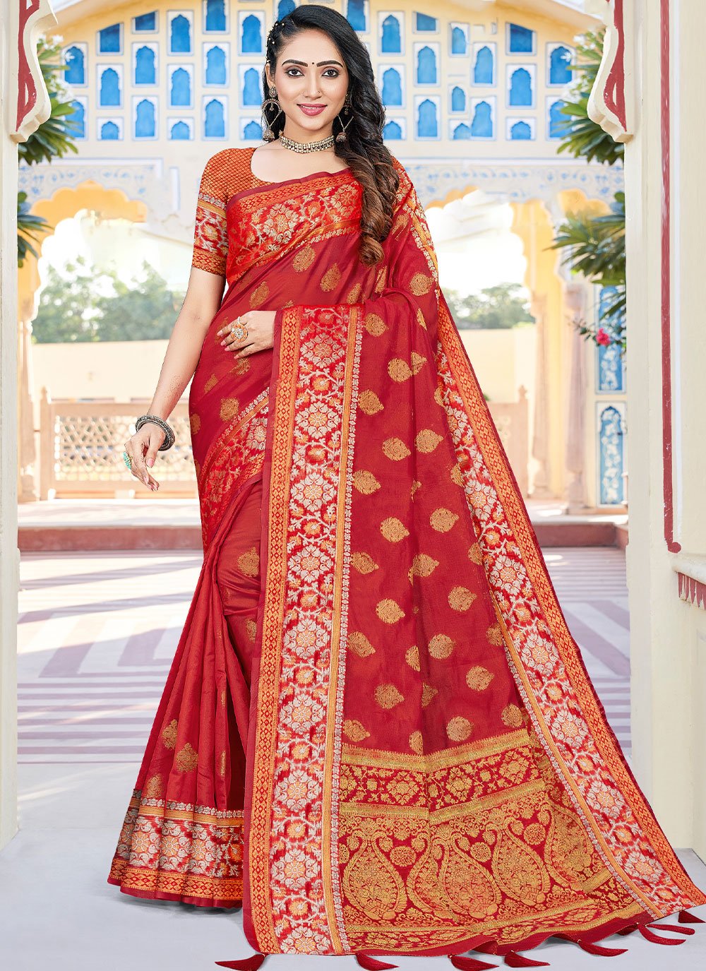 Trendy Saree Organza Red Fancy Work Saree