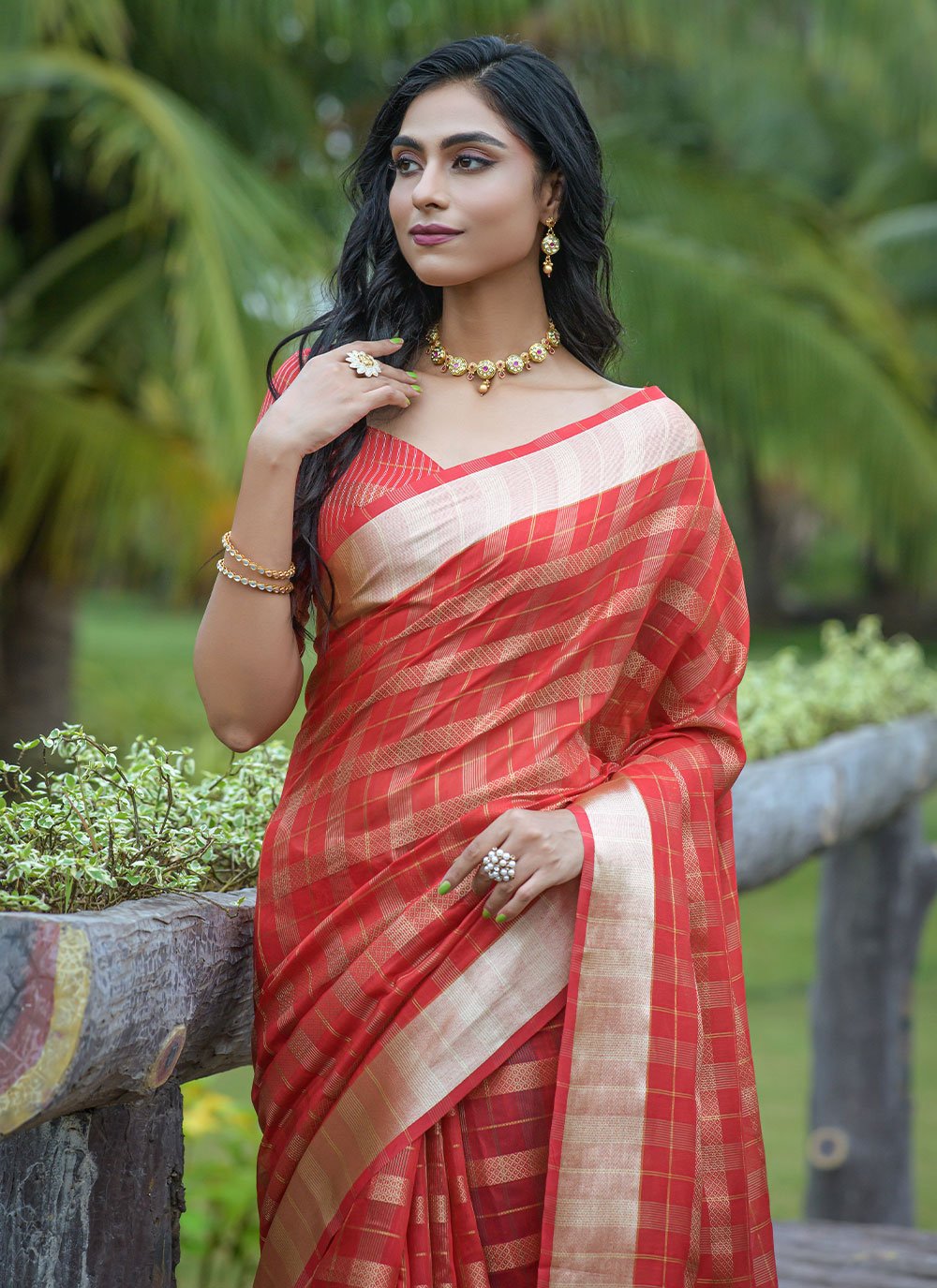 Classic Organza Silk Red Strips Print Saree