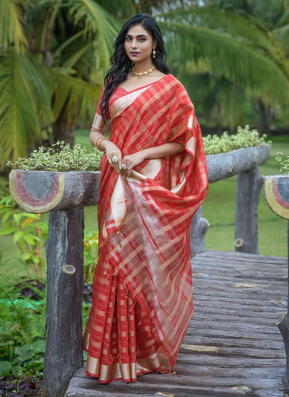 Classic Organza Silk Red Strips Print Saree