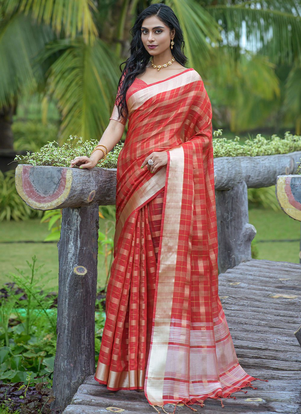 Classic Organza Silk Red Strips Print Saree