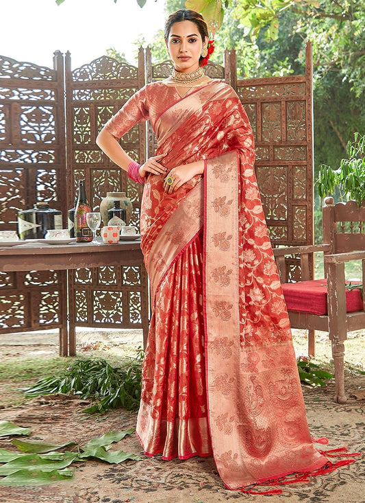 Trendy Saree Organza Red Embroidered Saree