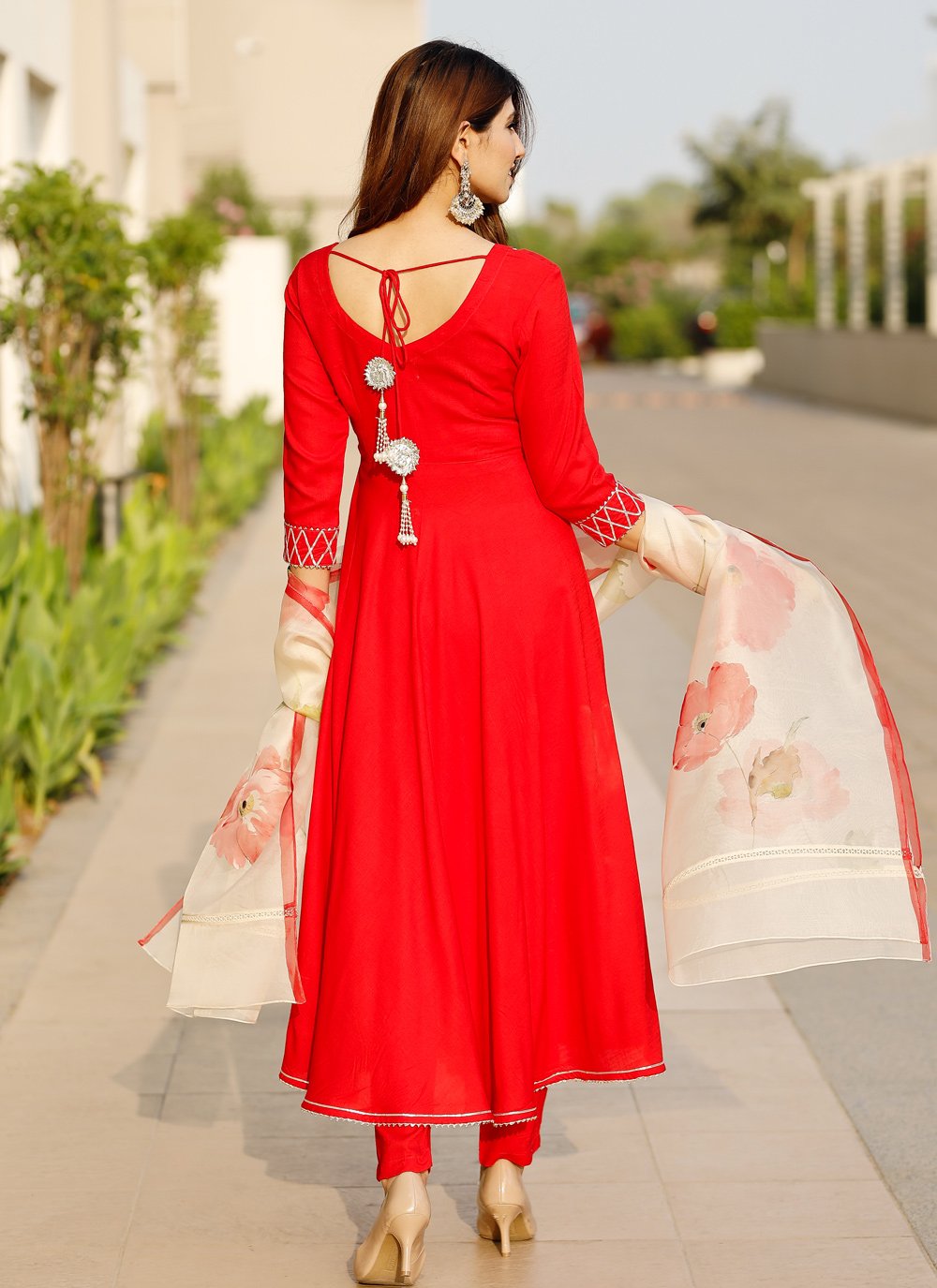 Pant Style Suit Rayon Red Lace Salwar Kameez