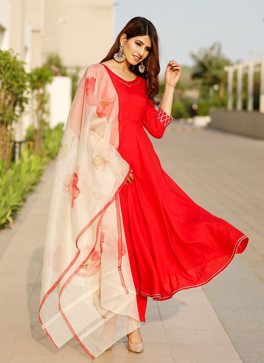 Pant Style Suit Rayon Red Lace Salwar Kameez
