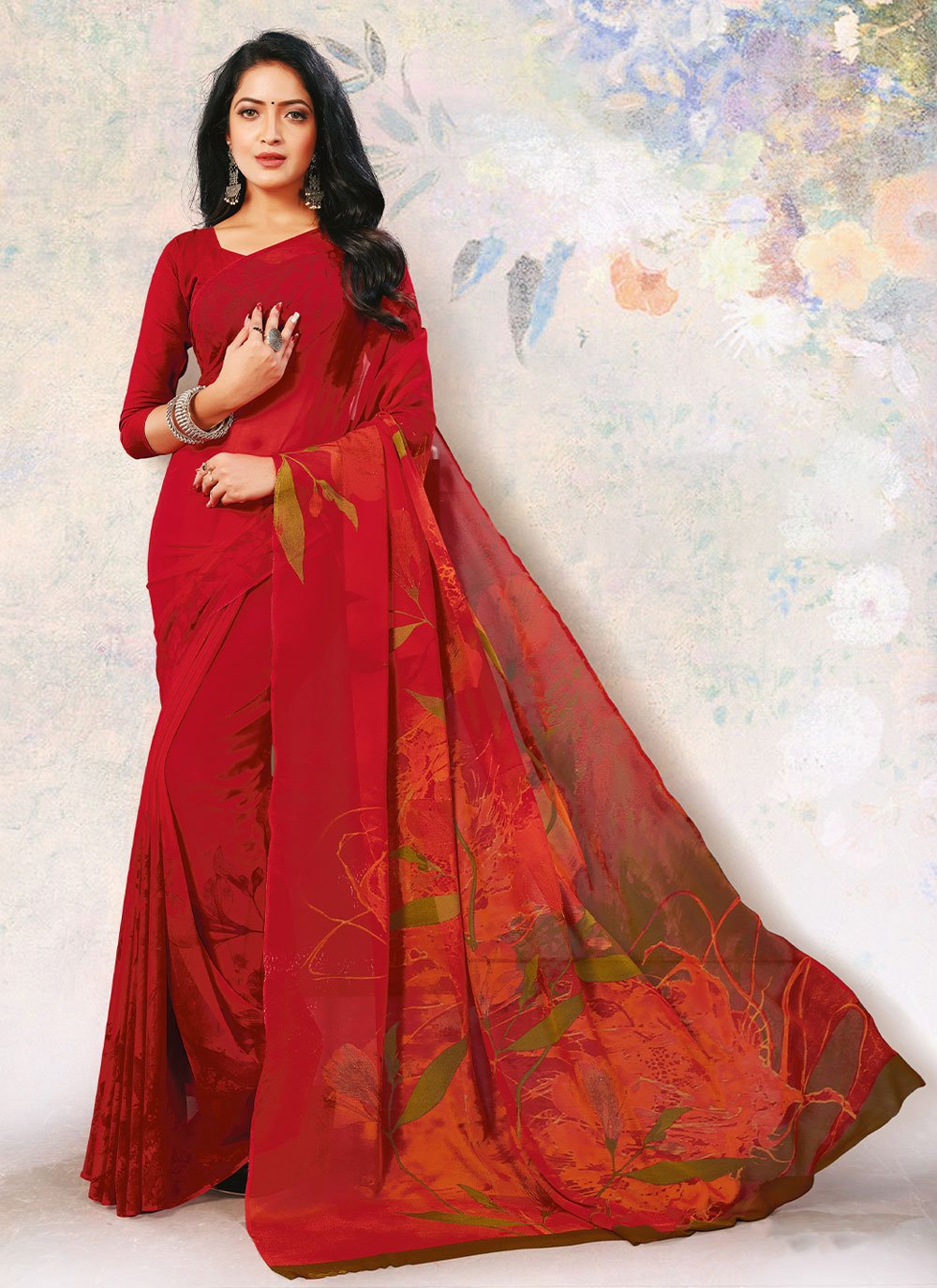 Classic Georgette Red Print Saree