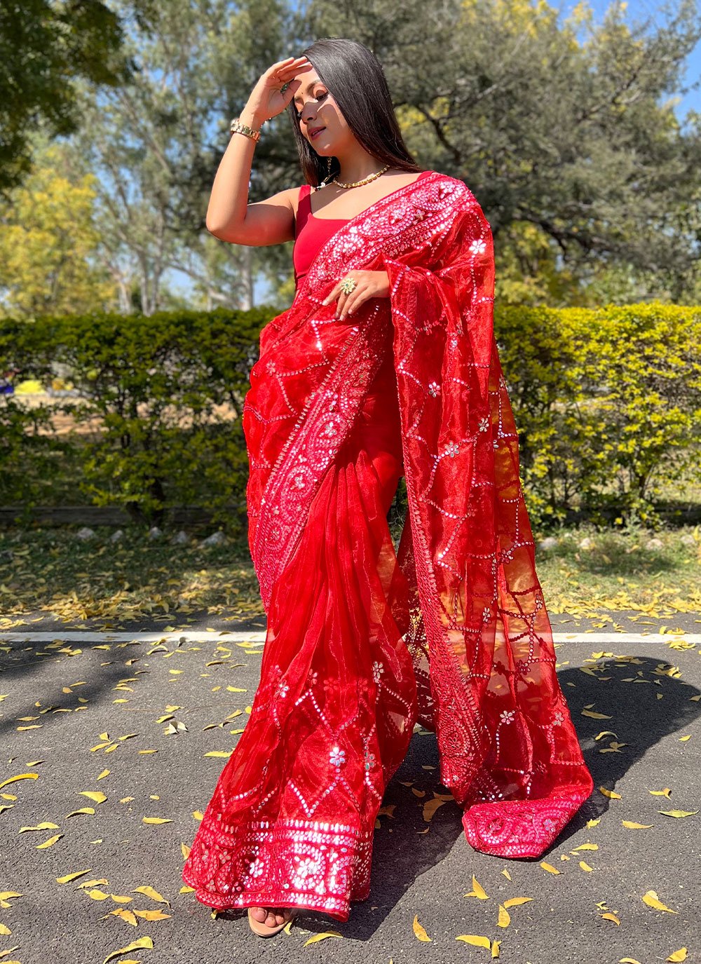 Designer Organza Red Embroidered Saree