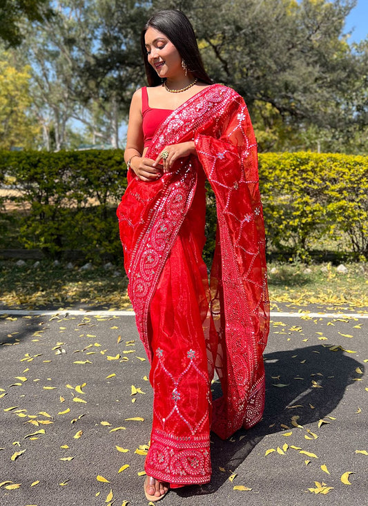 Designer Organza Red Embroidered Saree