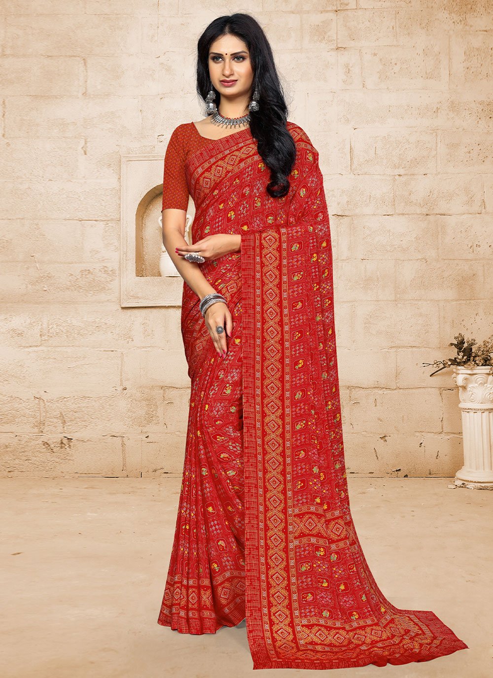 Classic Faux Crepe Red Print Saree