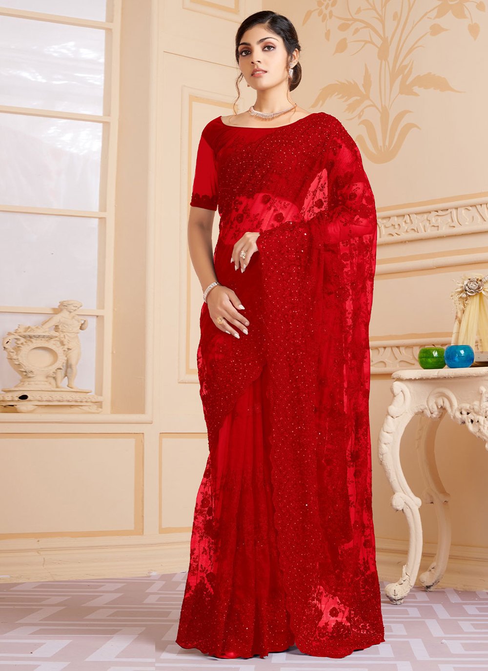 Classic Net Red Embroidered Saree