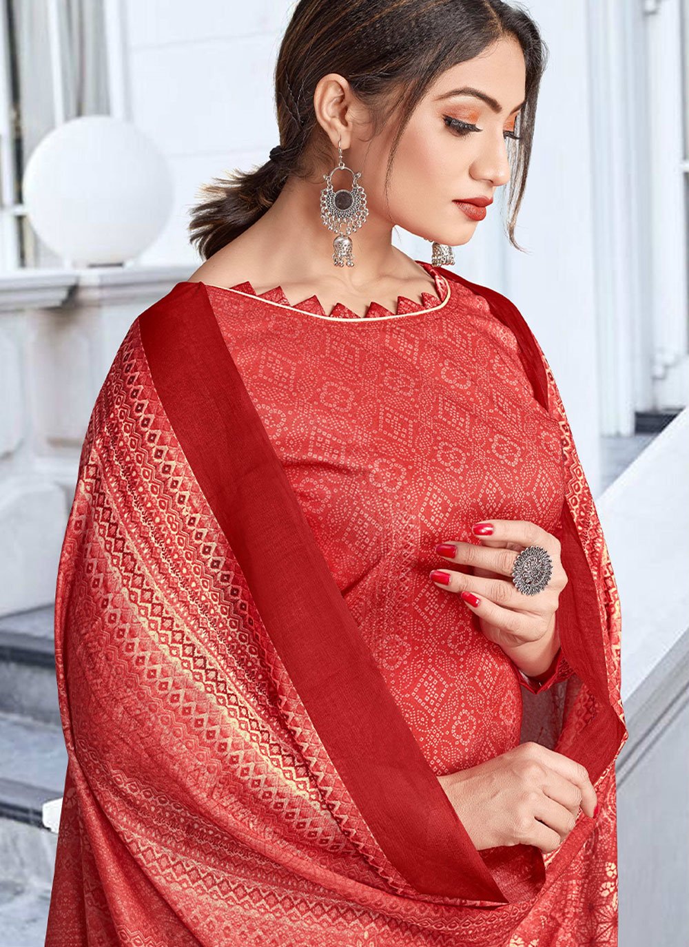 Palazzo Salwar Suit Cotton Red Digital Print Salwar Kameez