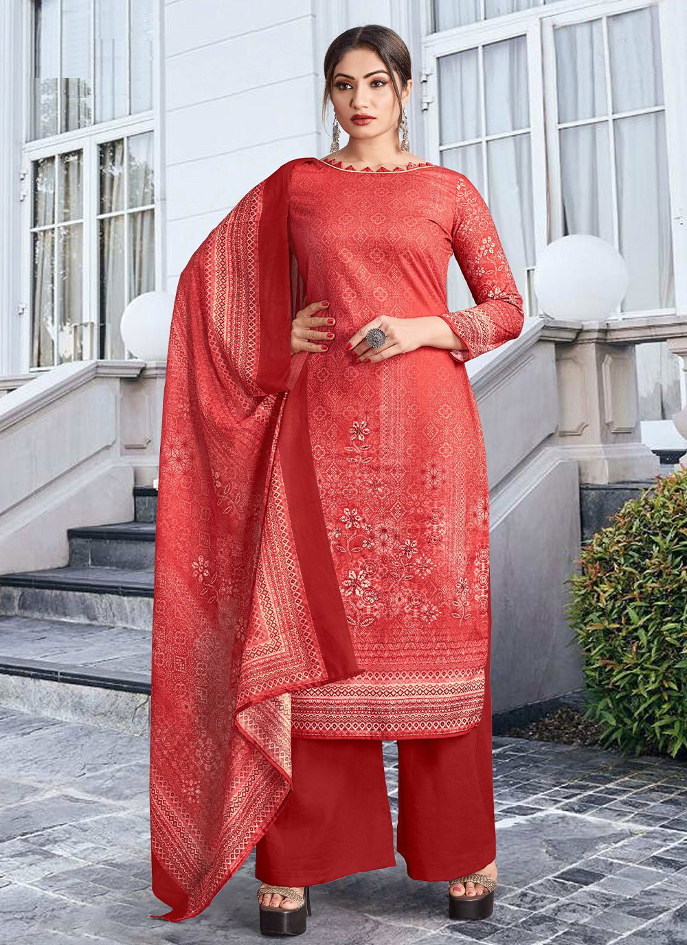 Palazzo Salwar Suit Cotton Red Digital Print Salwar Kameez