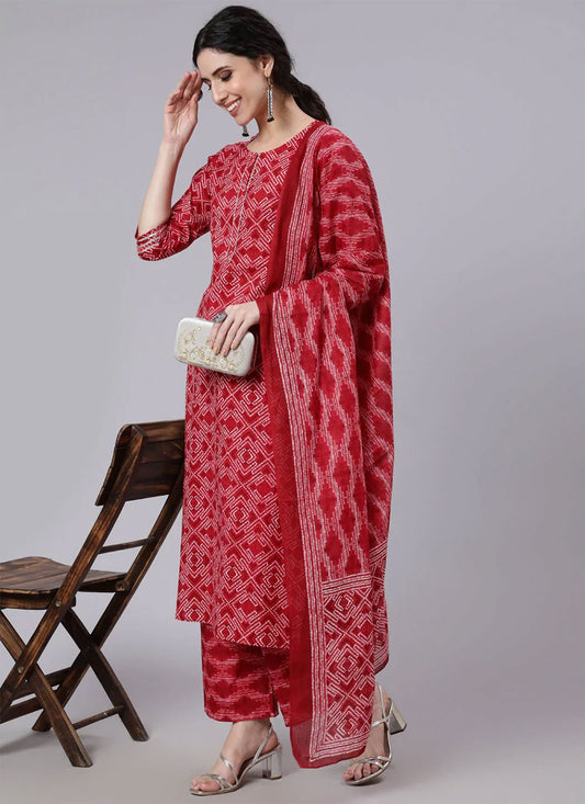 Salwar Suit Cotton Red Print Salwar Kameez