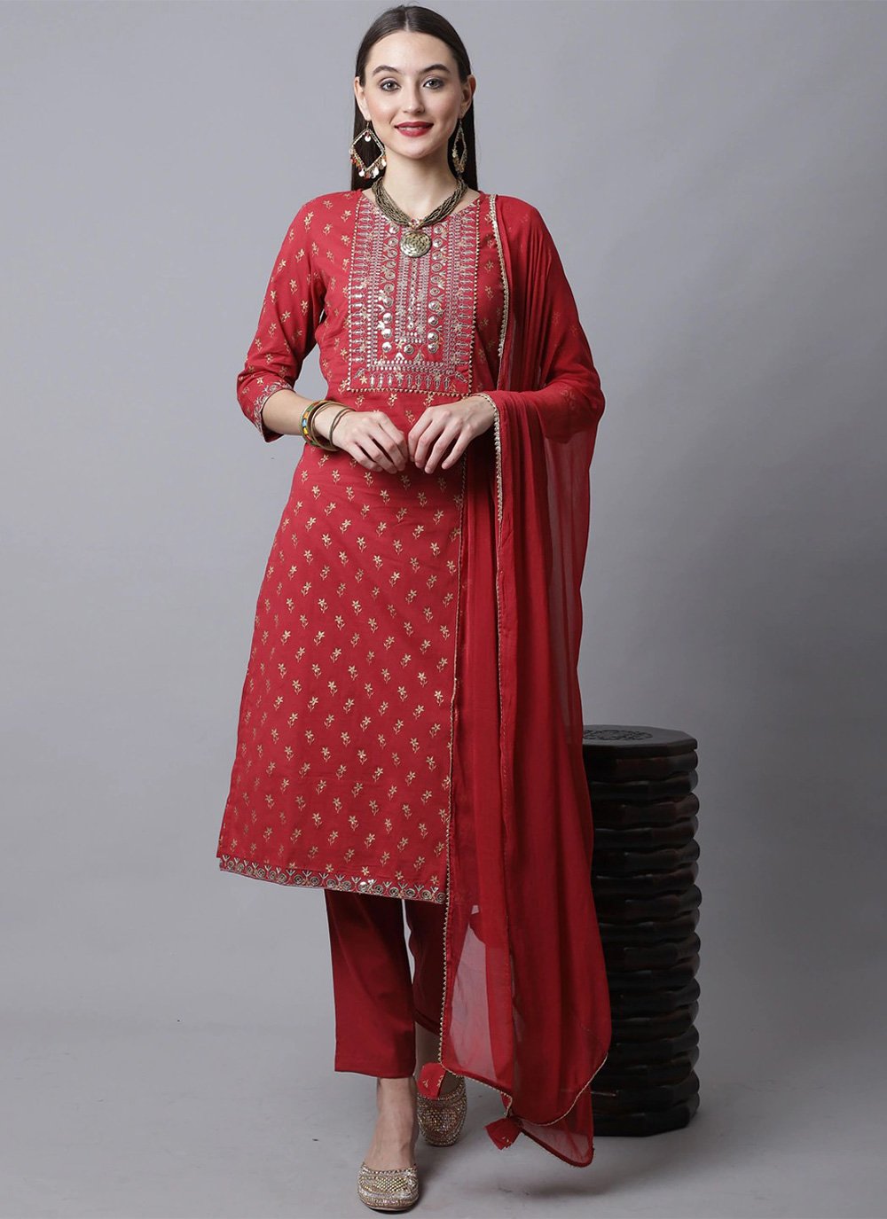 Salwar Suit Cotton Red Embroidered Salwar Kameez