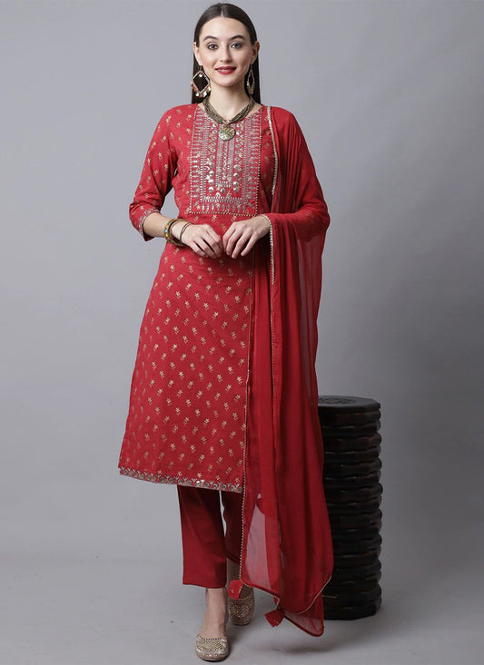 Salwar Suit Cotton Red Embroidered Salwar Kameez