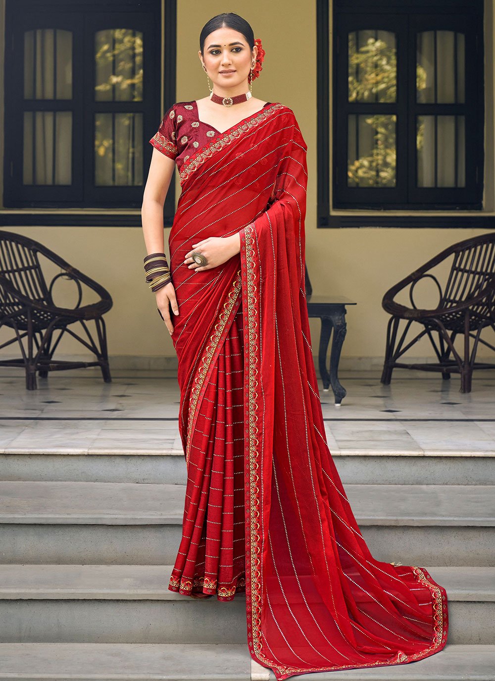 Trendy Saree Chiffon Red Embroidered Saree