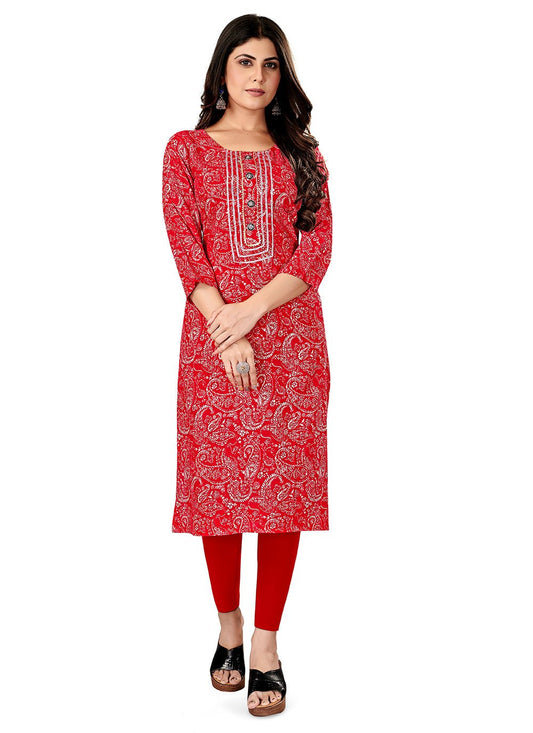 Casual Kurti Rayon Viscose Red Foil Print Kurtis