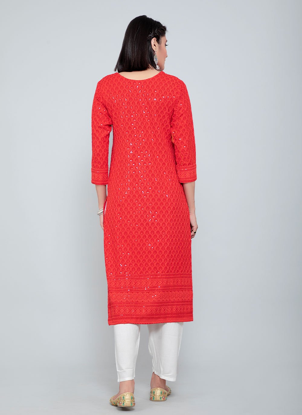 Party Wear Kurti Rayon Red Chikankari Work Kurtis