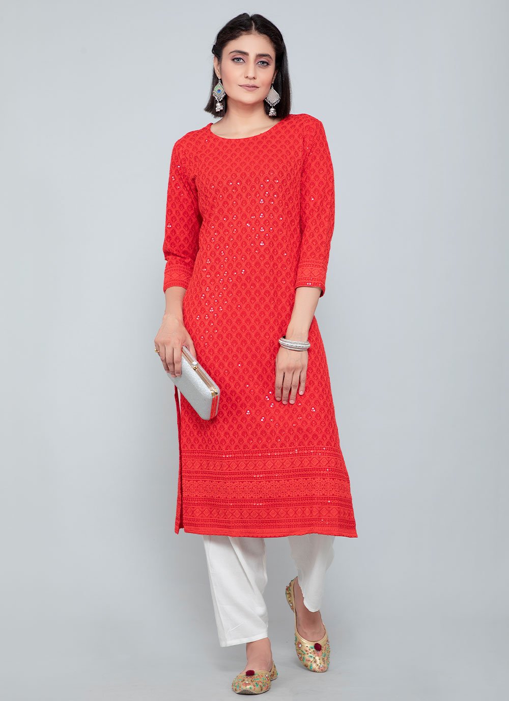 Party Wear Kurti Rayon Red Chikankari Work Kurtis