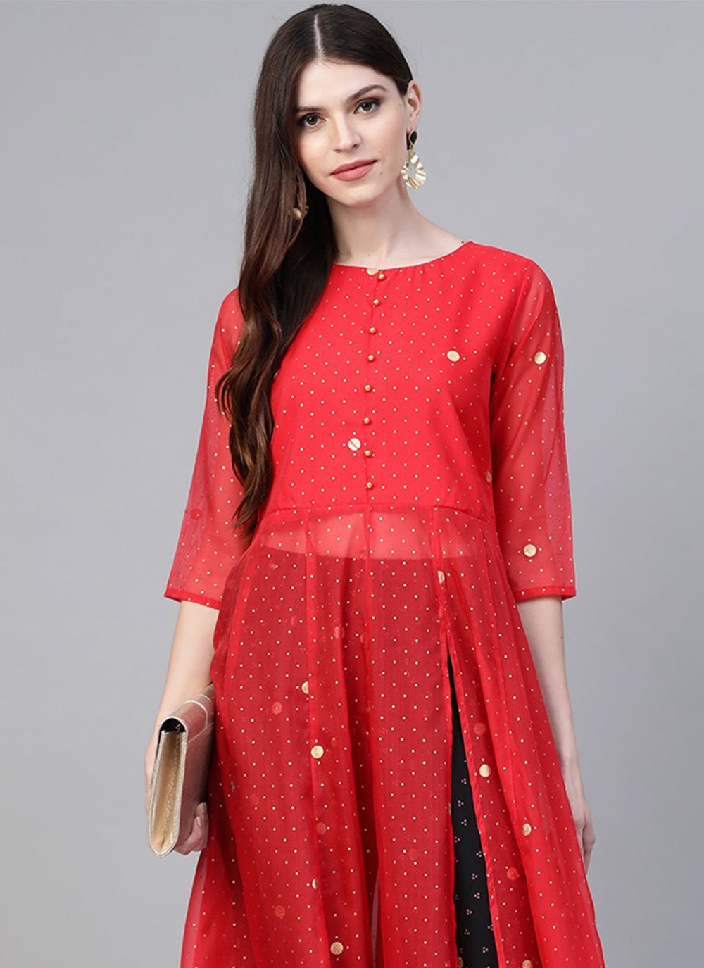 Party Wear Kurti Organza Red Print Kurtis