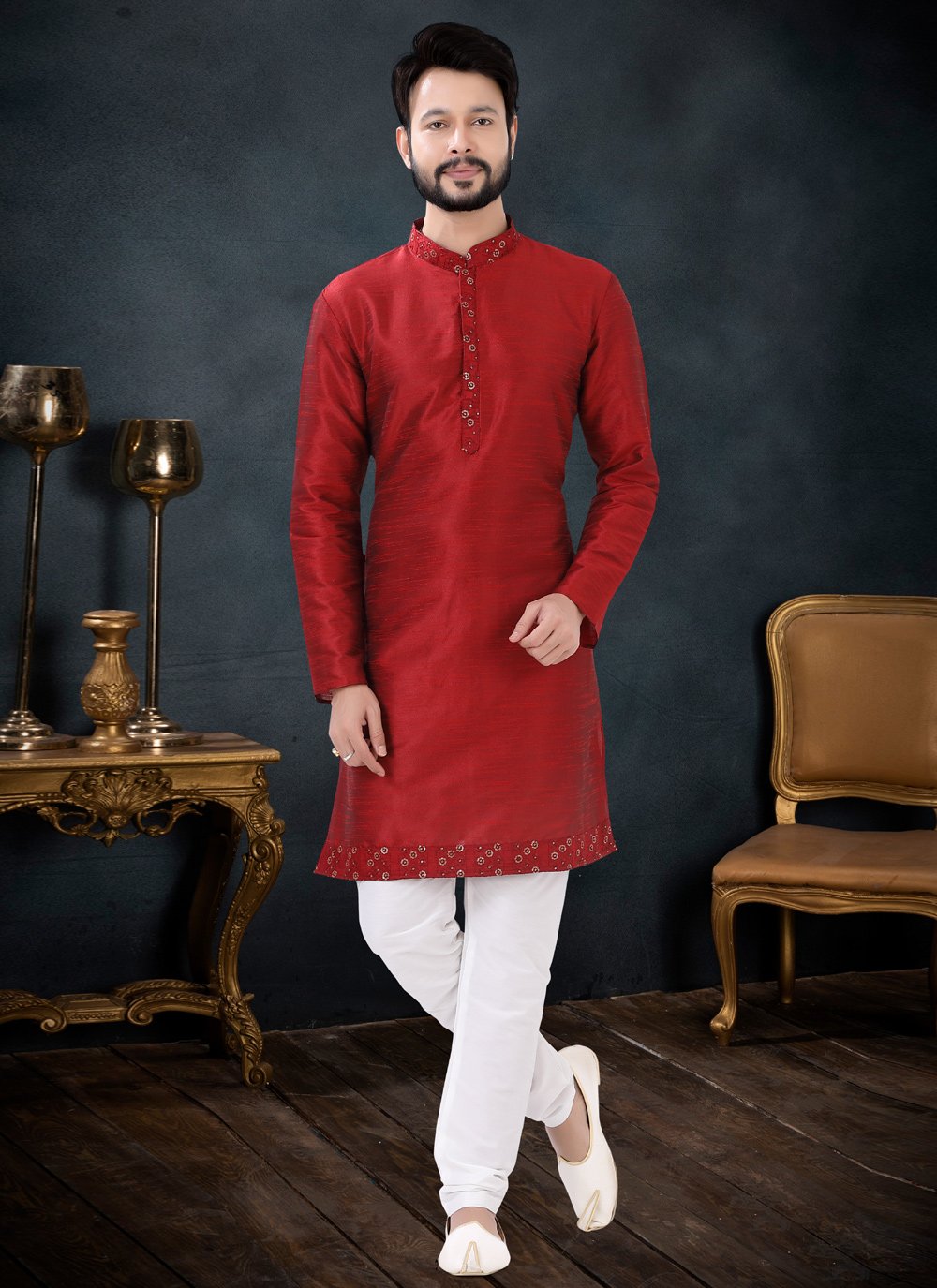 Kurta Pyjama Silk Red Patch Border Mens