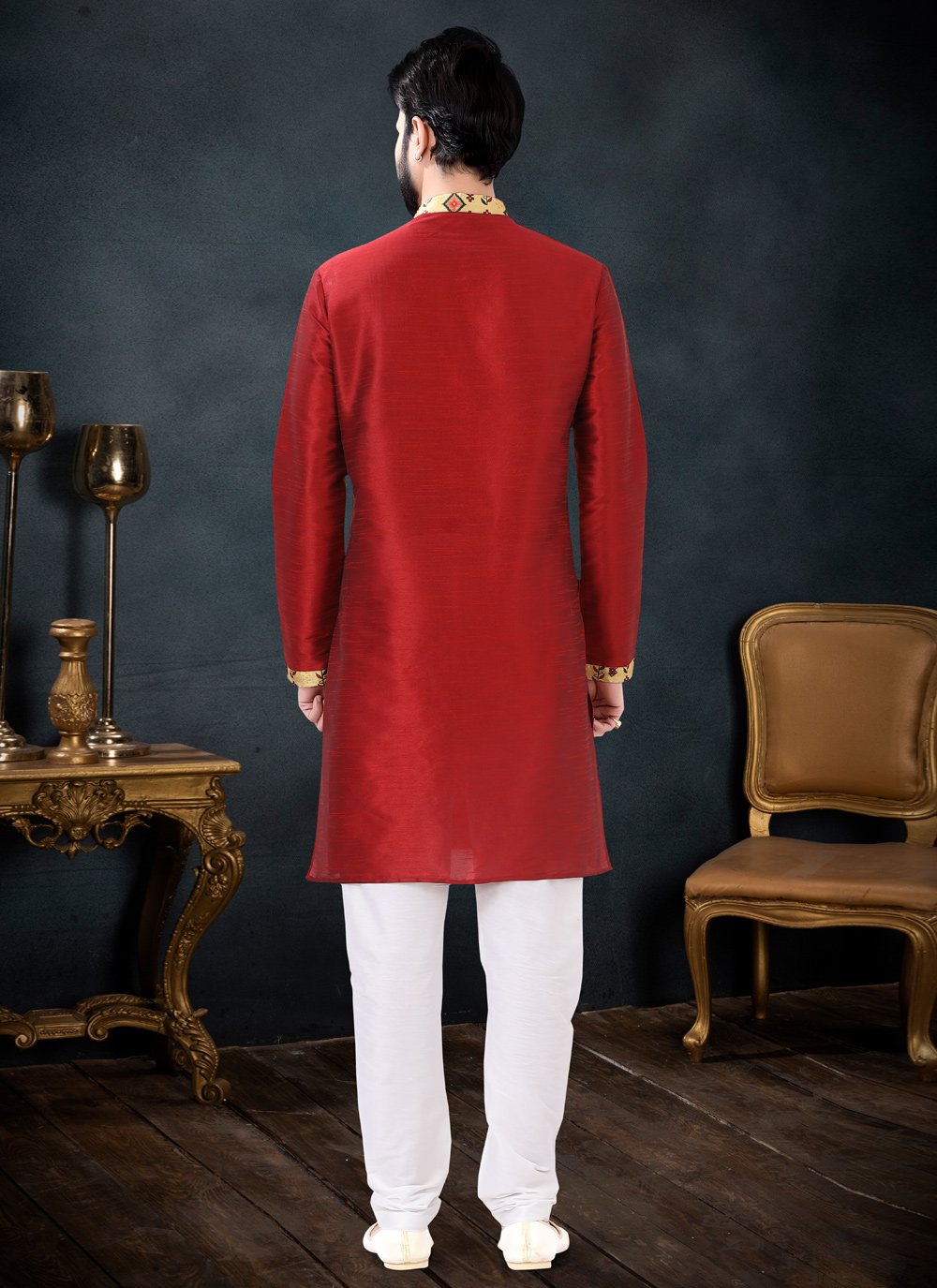 Kurta Pyjama Silk Red Patch Border Mens