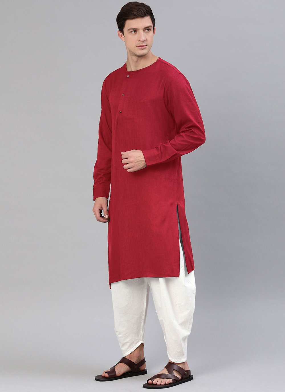 Dhoti Kurta Blended Cotton Red Plain Mens