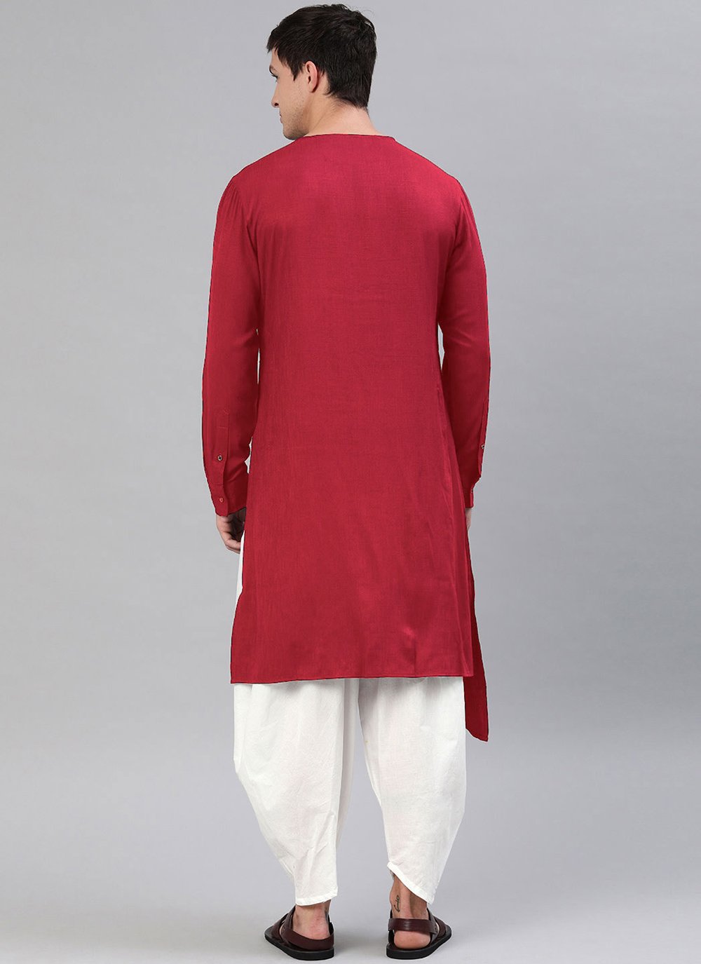 Dhoti Kurta Blended Cotton Red Plain Mens