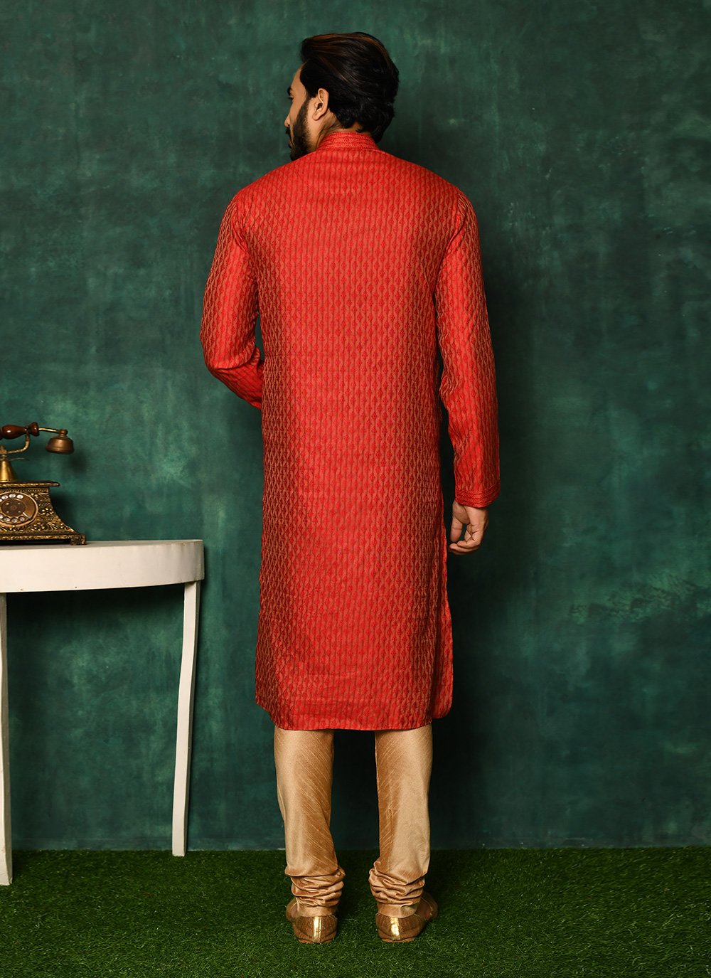 Kurta Pyjama Jacquard Red Plain Mens