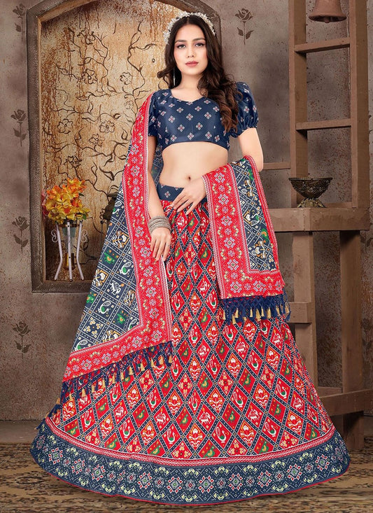 Lehenga Choli Satin Silk Red Print Lehenga Choli