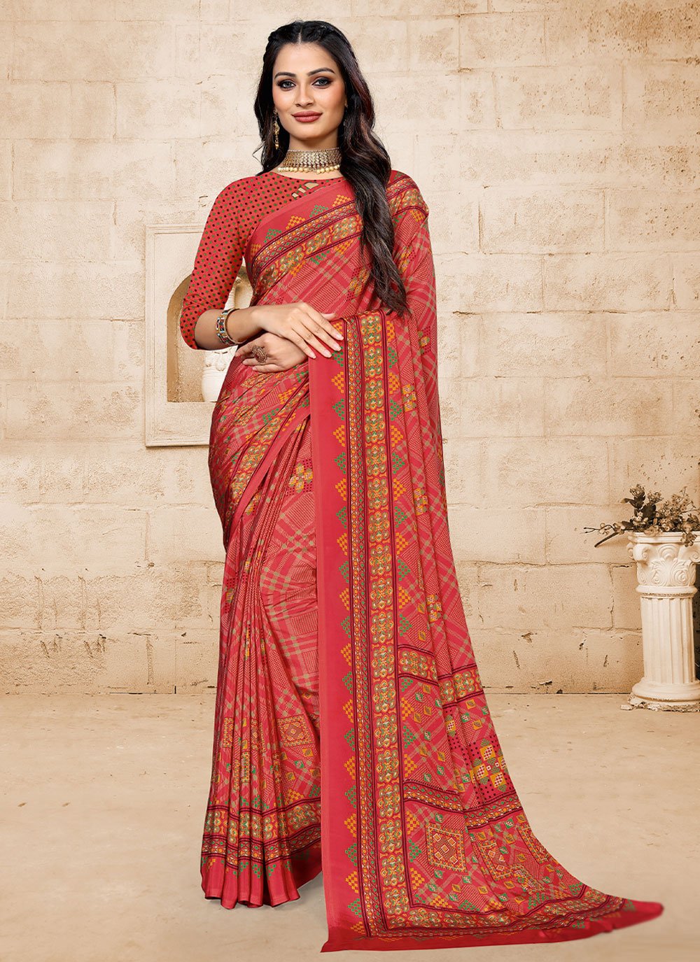 Casual Faux Crepe Red Print Saree