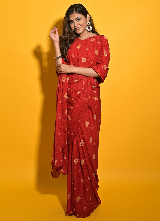 Classic Chiffon Red Print Saree