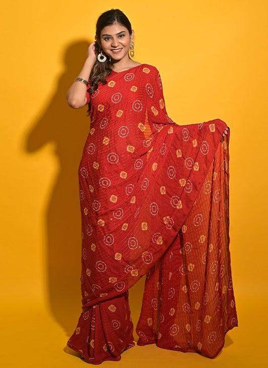 Contemporary Chiffon Red Print Saree