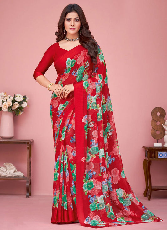 Classic Faux Chiffon Red Print Saree