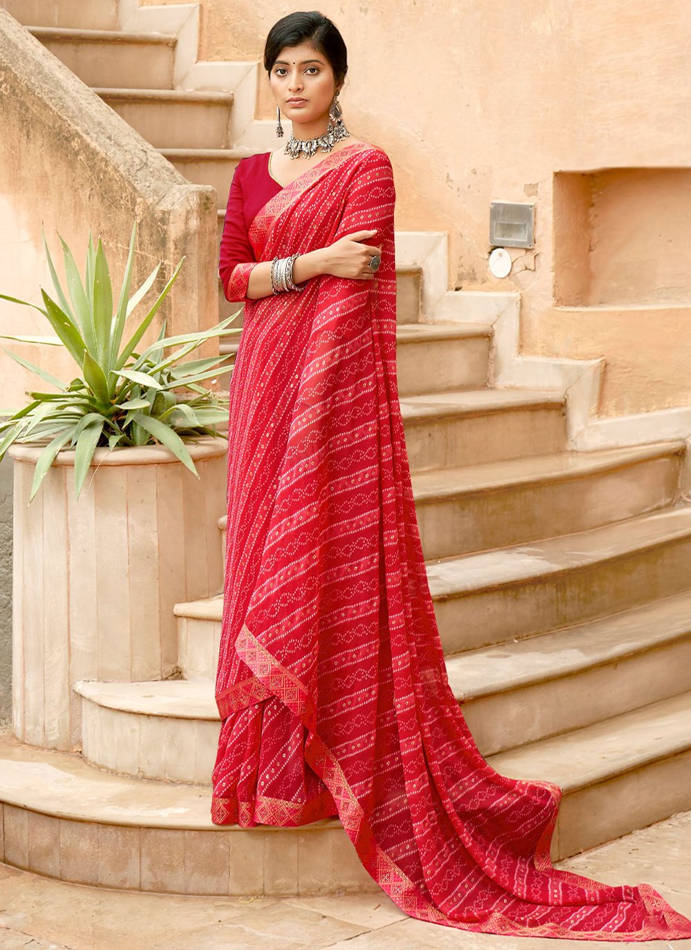 Classic Georgette Red Print Saree