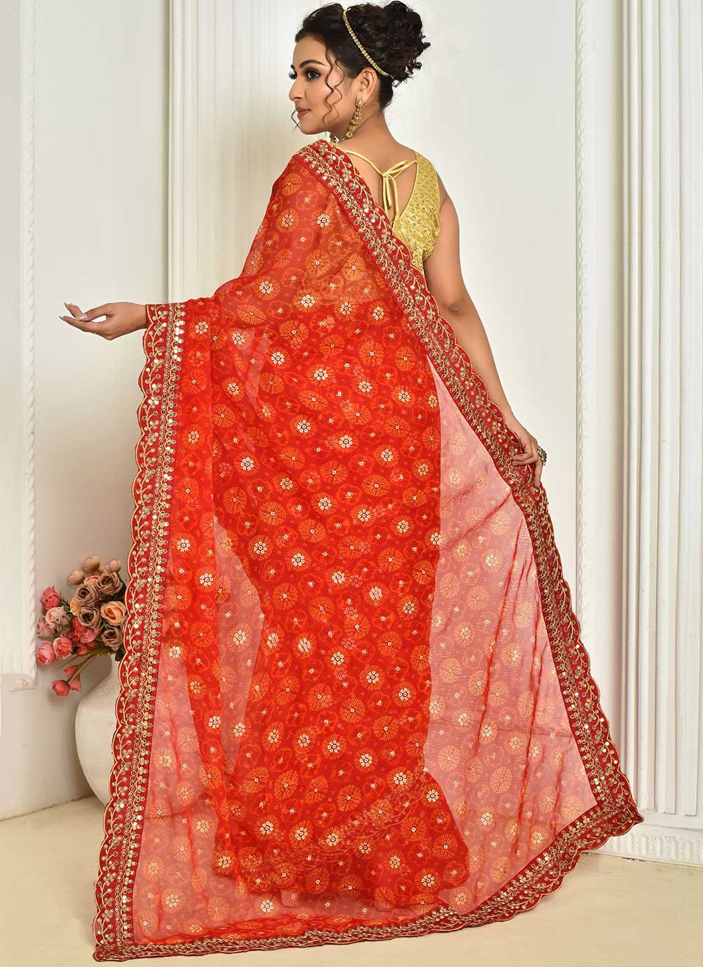 Classic Georgette Red Embroidered Saree