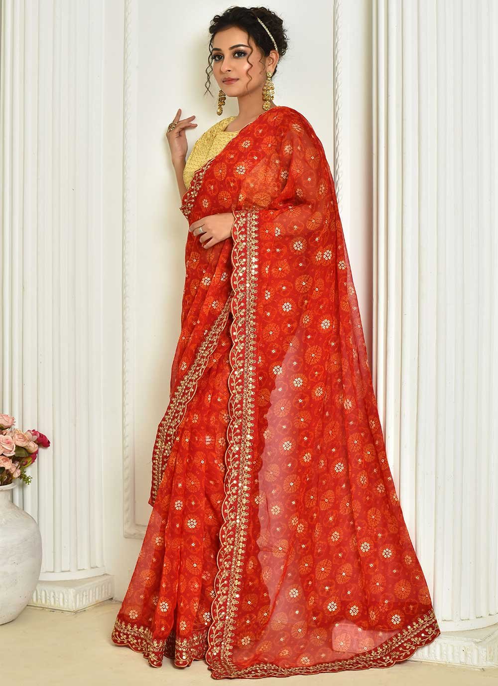 Classic Georgette Red Embroidered Saree