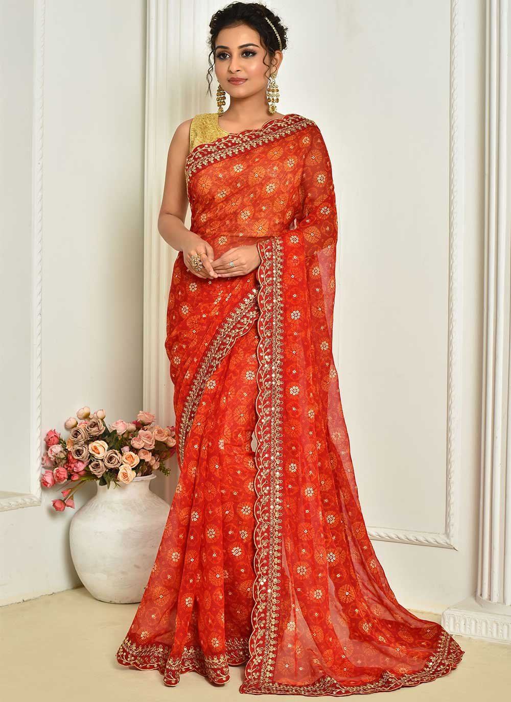 Classic Georgette Red Embroidered Saree